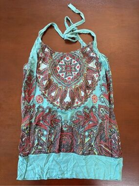 Language Teal Halter Top with Red Paisley Trim